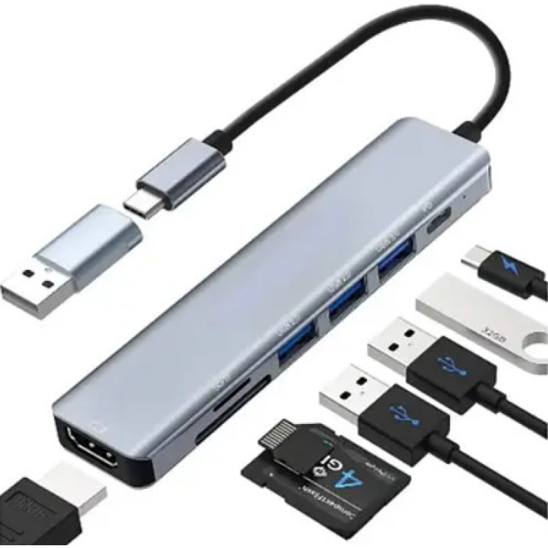 USB-хаб концентратор 7 в 1 з PD заряджанням Type-C, USB 3.0, HDMI, TF та Micro SD для MacBook та смартфона