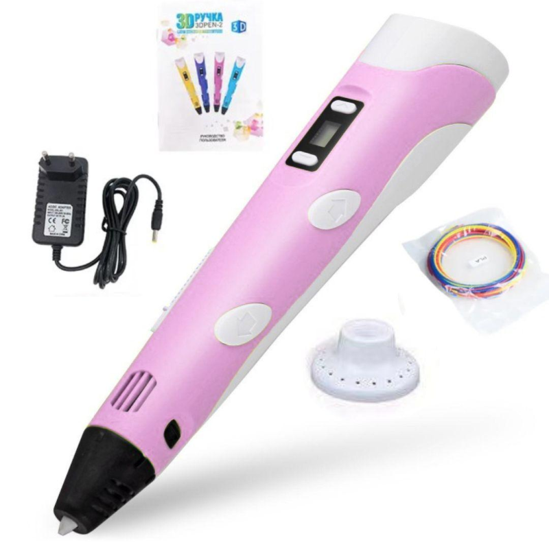 3D ручка для малювання PEN-2 з екраном LCD, Рожева 3Д ручка провідна від мережі 9 м в комплекті