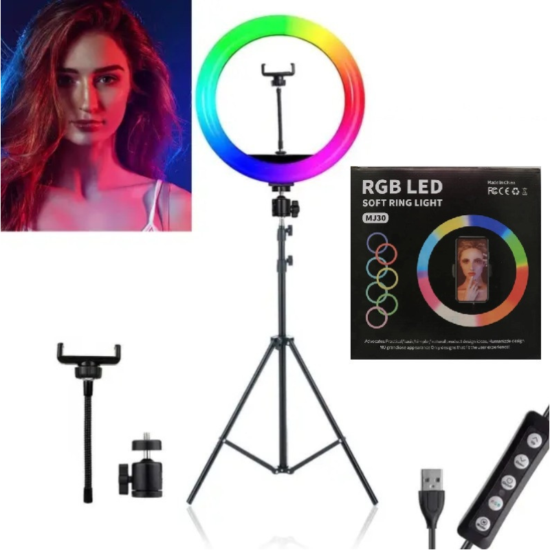 Кільцева RGB лампа 30 см з тримачем для телефону та штативом 210 см — селфі-лампа для професійного освітлення