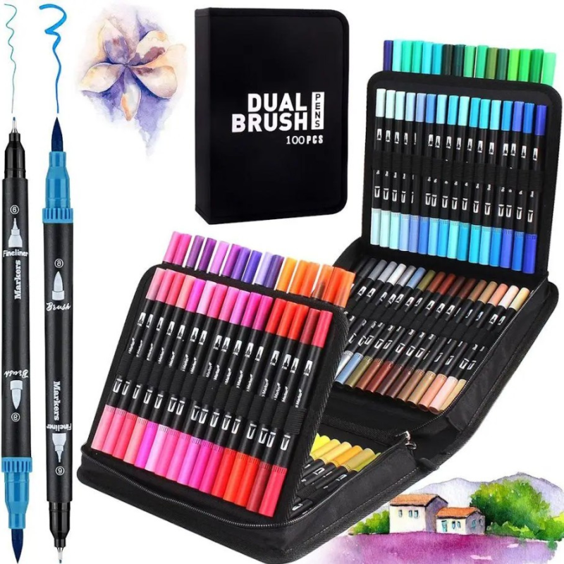 Акварельні двосторонні маркери Dual Brush 100 шт — фломастери на водній основі для малювання, зручна сумка в комплекті